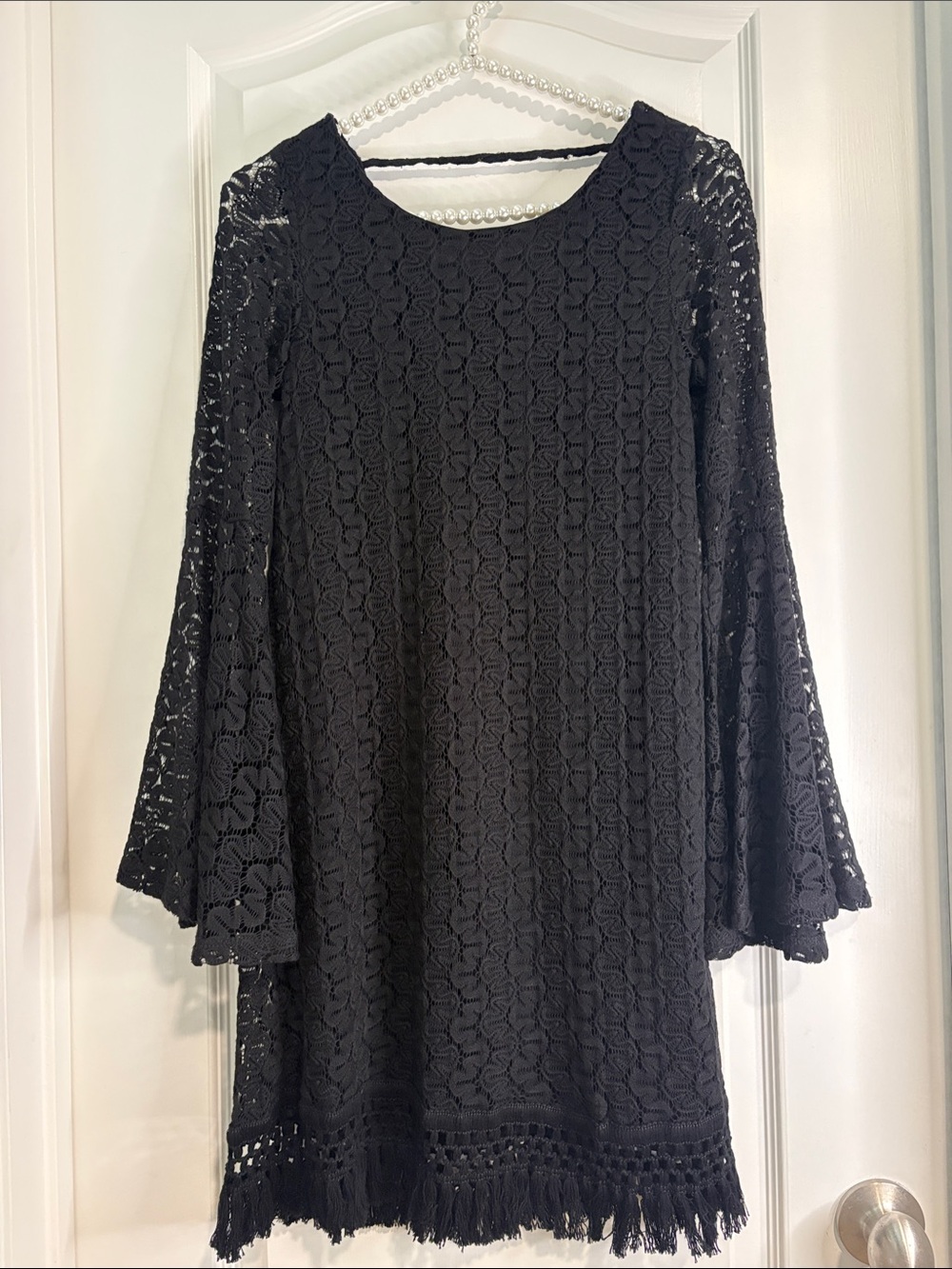 love, Fire Black Floral Lace Bell-Sleeve Dress with Fringe